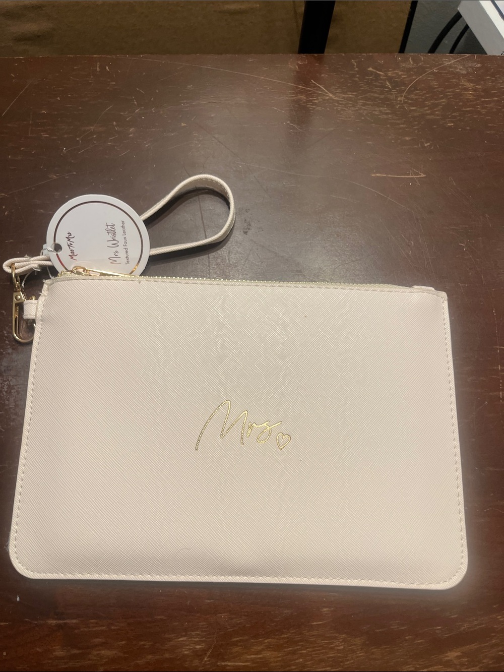 Velvet Cream Wristlet Clutch with Gold Script Logo